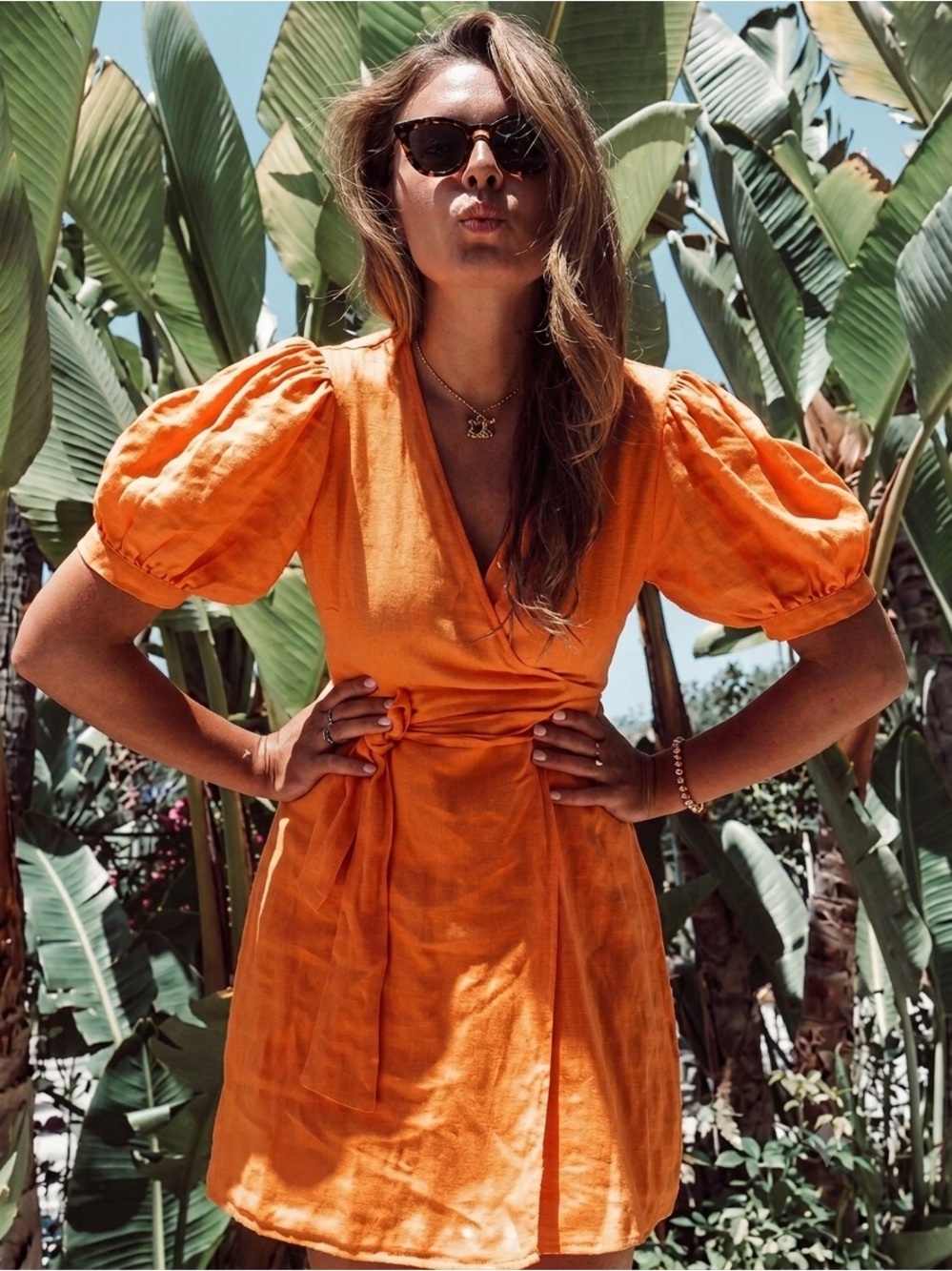 Zara Women’s Linen Orange Wrap Mini Dress with Puff Sleeves